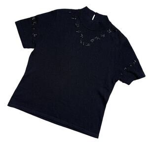 Black Beaded Sweater Casual Corner Size Large Retro 50s Wool Blend Short Sleeve